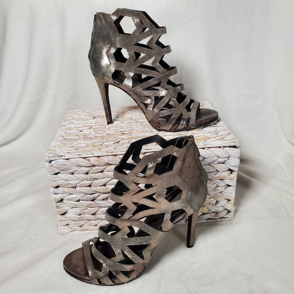 Kenneth Cole New York 7.5 M Leather Bayne Cage Heels Y3K Metallic Gun Metal
